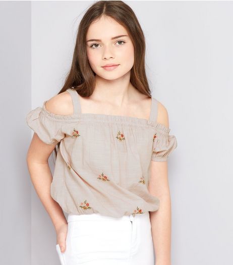 Teens Pink Embroidered Cold Shoulder Top | New Look