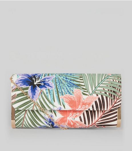 Cream Palm Leaf Print Metal Side Clutch | New Look