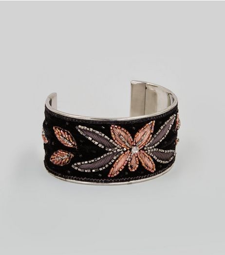 Black Floral Embellished Cuff | New Look