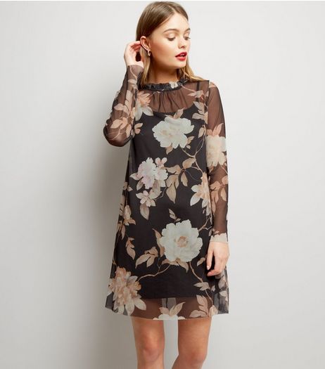 Blue Vanilla Black Frill Trim Neck Floral Print Dress | New Look