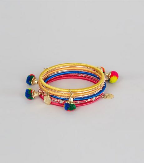 7 Pack Multi Coloured Pom Pom Bracelets | New Look