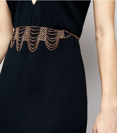 Gold Embroidered Panel Chain Drop Belt | New Look