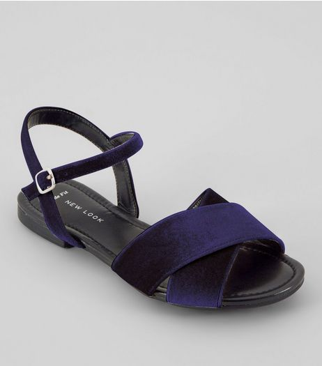 Wide Fit Navy Velvet Cross Strap Front Sandals | New Look