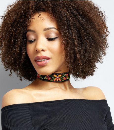 Black Floral Embellished Choker | New Look