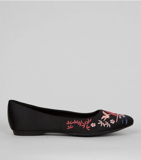 Wide Fit Black Satin Embroidered Pointed Pumps | New Look