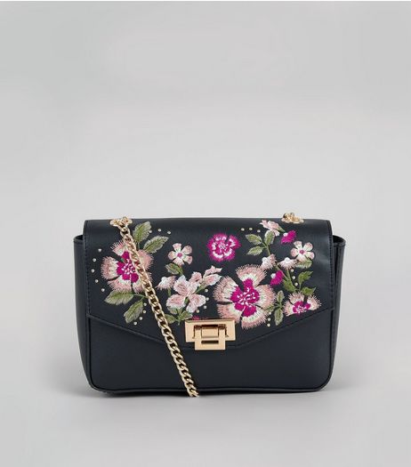 Black Floral Embroidered Chain Strap Shoulder Bag | New Look
