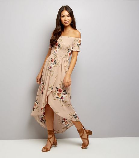 Parisian Camel Floral Print Bardot Neck Dress | New Look