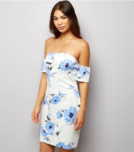 Parisian White Floral Print Bardot Neck Bodycon Dress | New Look