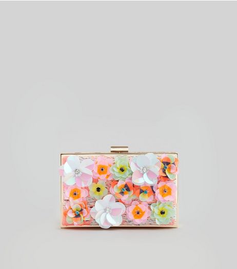Pink Sequin Flower Box Clutch | New Look