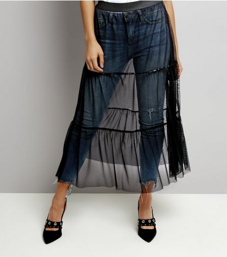 Black Mesh Tiered Midi Skirt | New Look
