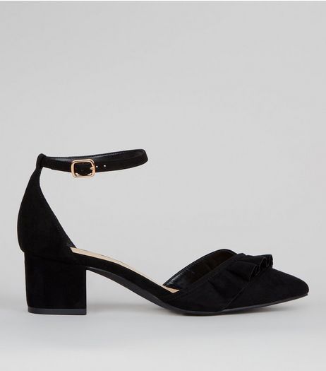 Wide Fit Black Frill Trim Mini Block Heels | New Look