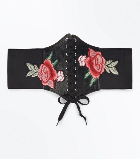 Black Floral Embroidered Corset Belt | New Look
