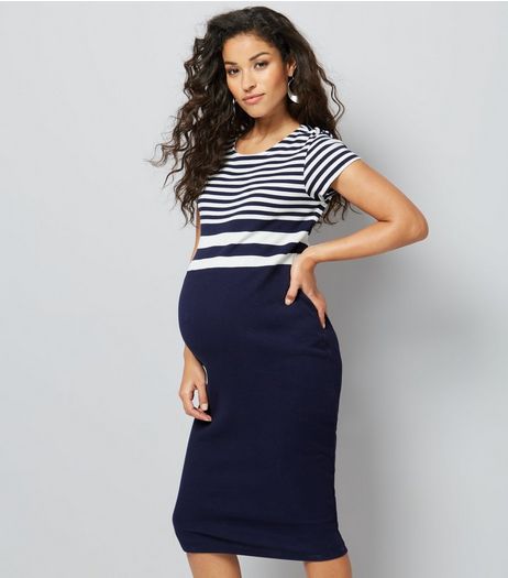 Maternity Navy Striped Colour Block Ribbed Midi Dress | New Look