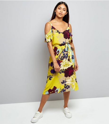 Petite Yellow Floral Cold Shoulder Midi Dress | New Look