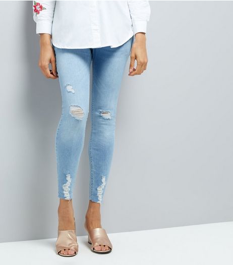 Maternity Pale Blue Ripped Over Bump Skinny Jeans | New Look
