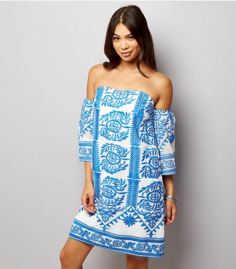 Parisian Blue Embroidery Style Print Bardot Neck Dress | New Look