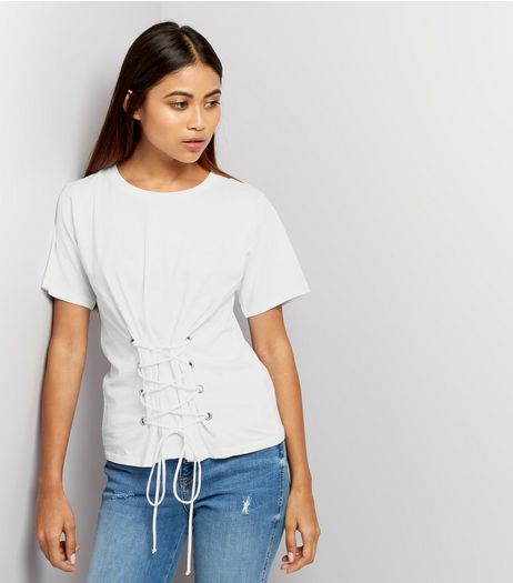 Petite Cream Lace Up Corset T-Shirt | New Look