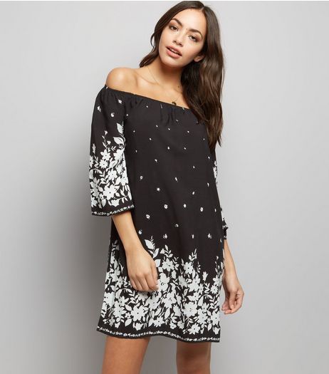 Parisian Black Floral Print Bardot Neck Dress | New Look