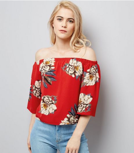 Parisian Red Floral Print Bardot Neck Top | New Look