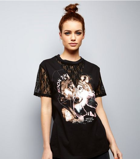 Petite Black Wolf Print Lace Panel T-Shirt | New Look