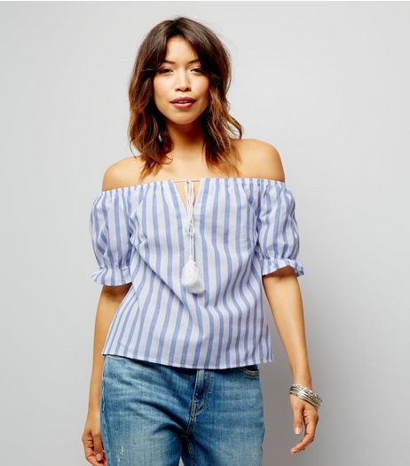Parisian Blue Gingham Tie Front Bardot Top | New Look