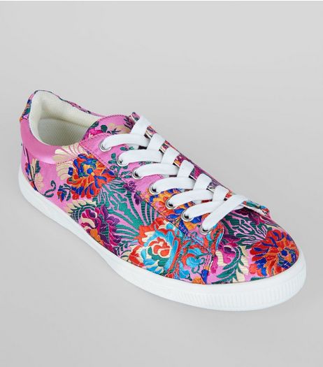 Pink Satin Floral Brocade Trainers | New Look