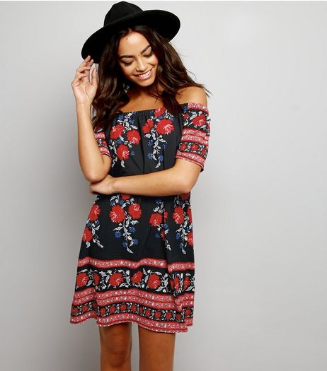 Parisian Black Floral Print Bardot Neck Dress | New Look
