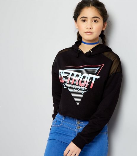 Teens Black Detroit Print Cropped Hoodie | New Look