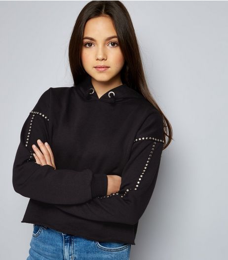 Teens Black Stud Sleeve Hoodie | New Look