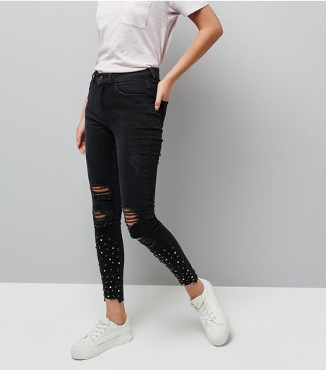 Black Stud Trim Ripped Fray Hem Jenna Jeans | New Look
