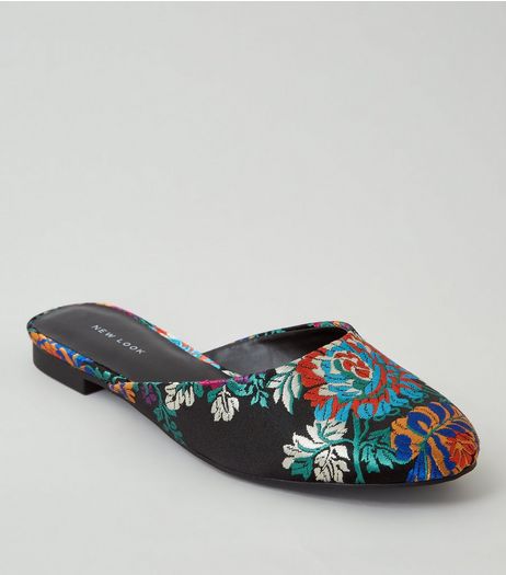 Black Floral Brocade Mules | New Look
