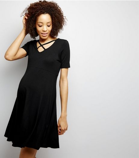 Maternity Black Cross Strap Front Skater Dress | New Look