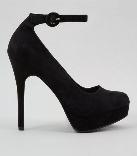 Black Suedette Platform Ankle Strap Heels | New Look