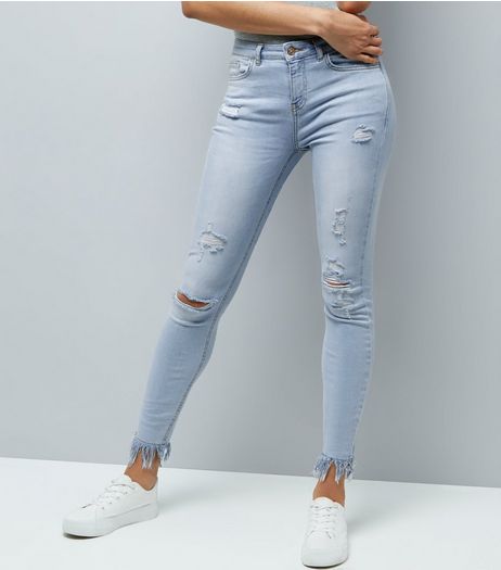 Tall Pale Blue Bleached Ripped Fray Hem Skinny Jeans | New Look
