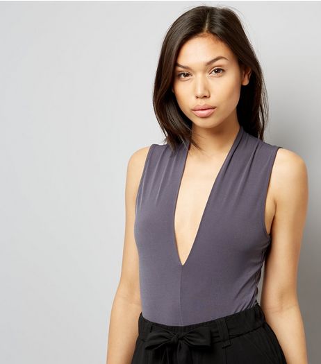 Dark Grey Plunge V Neck Bodysuit | New Look