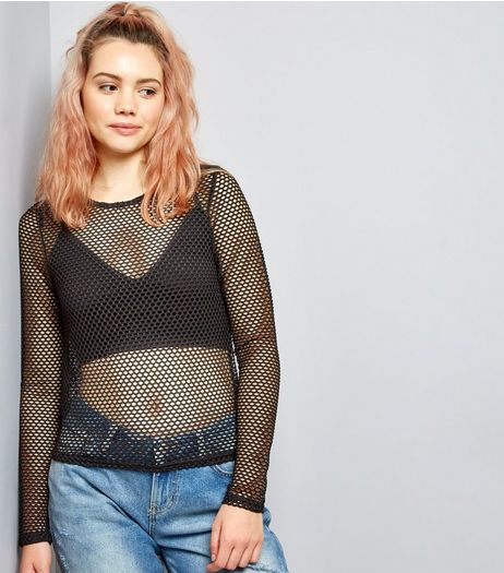Black Fishnet Long Sleeve Top | New Look