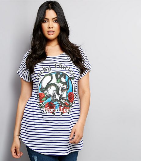 Curves Blue Stripe Lucky 13 Skull Print T-Shirt | New Look