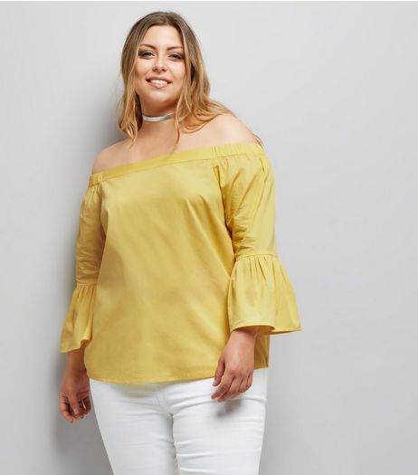 Curves Yellow Bell Sleeve Bardot Neck Top | New Look