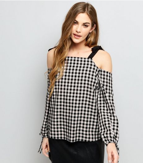 Black Gingham Tie Strap Cold Shoulder Top | New Look