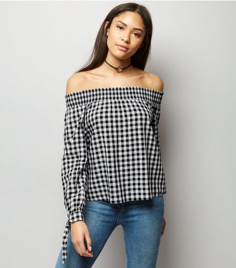 Black Gingham Check Shirred Bardot Neck Top | New Look
