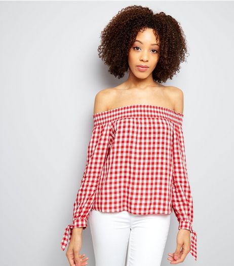 Red Gingham Check Tie Sleeve Bardot Neck Top | New Look