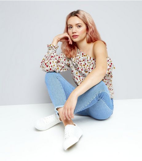 White Floral Print Frill Trim Off The Shouler Top | New Look
