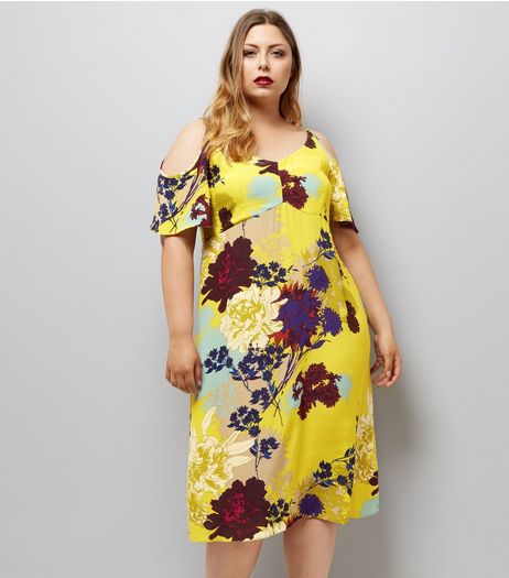 Curves Yellow Floral Cold Shoulder Midi Dress | New Look