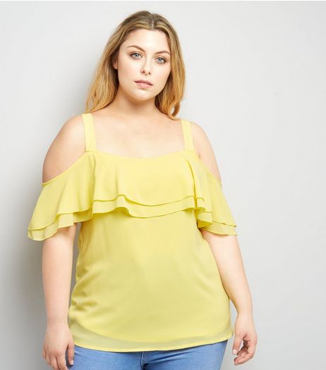 Curves Yellow Cold Shoulder Frill Trim Top | New Look