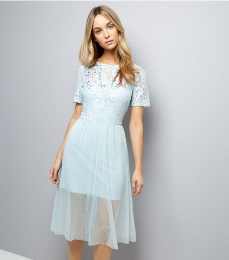 Pale Blue Lace Embroidered Skater Dress | New Look
