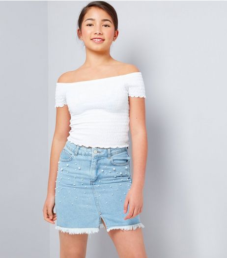 Teens Pale Blue Pearl Embellished Denim Skirt | New Look