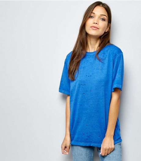 Blue Ripped Short Sleeve T-Shirt | New Look