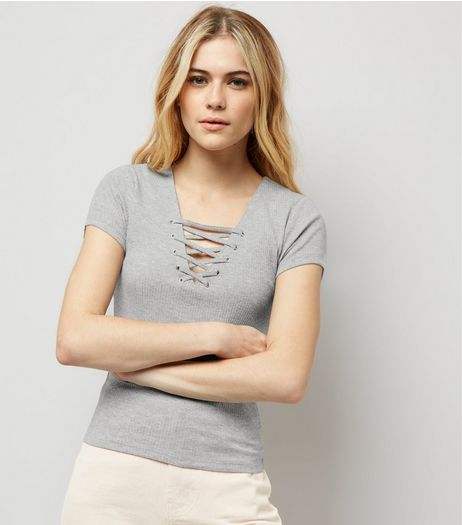 Grey Lattice Front Short Sleeve T-Shirt | New Look