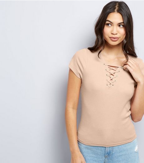 Light Brown Lattice Front T-Shirt | New Look