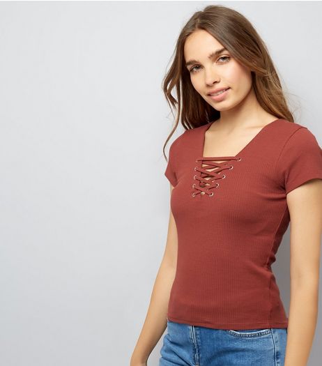 Brown Lace Up Front Ribbed T-Shirt | New Look